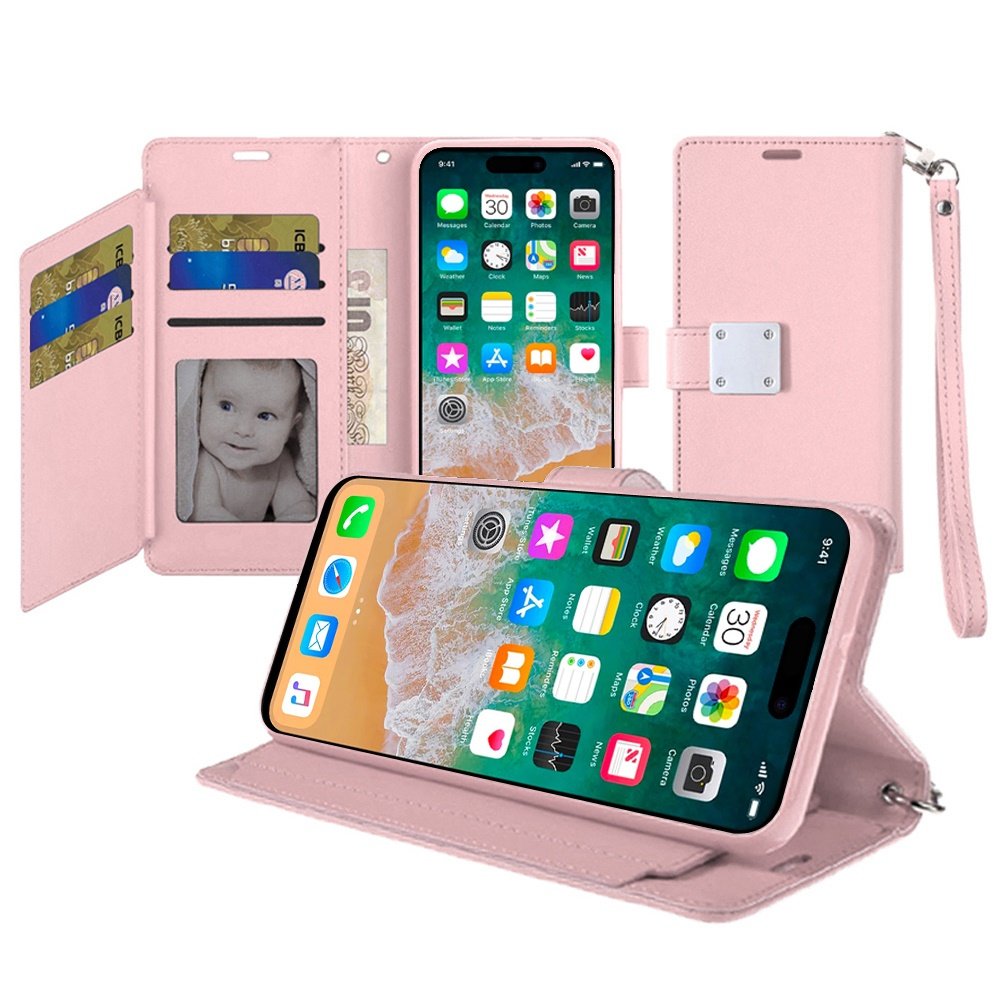 for iphone 16 pro max 6.9 inch wallet id card holder case cover rose gold