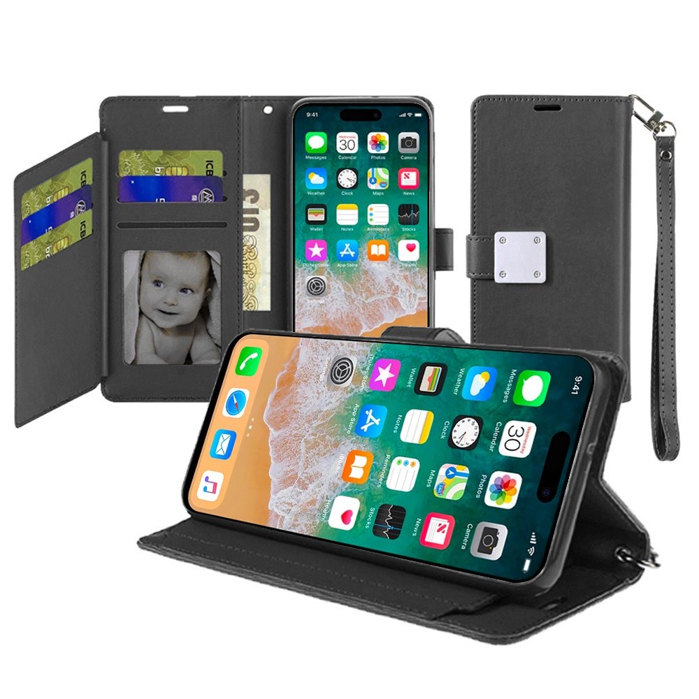 for iphone 16 plus 6.7 inch wallet id card holder case cover black