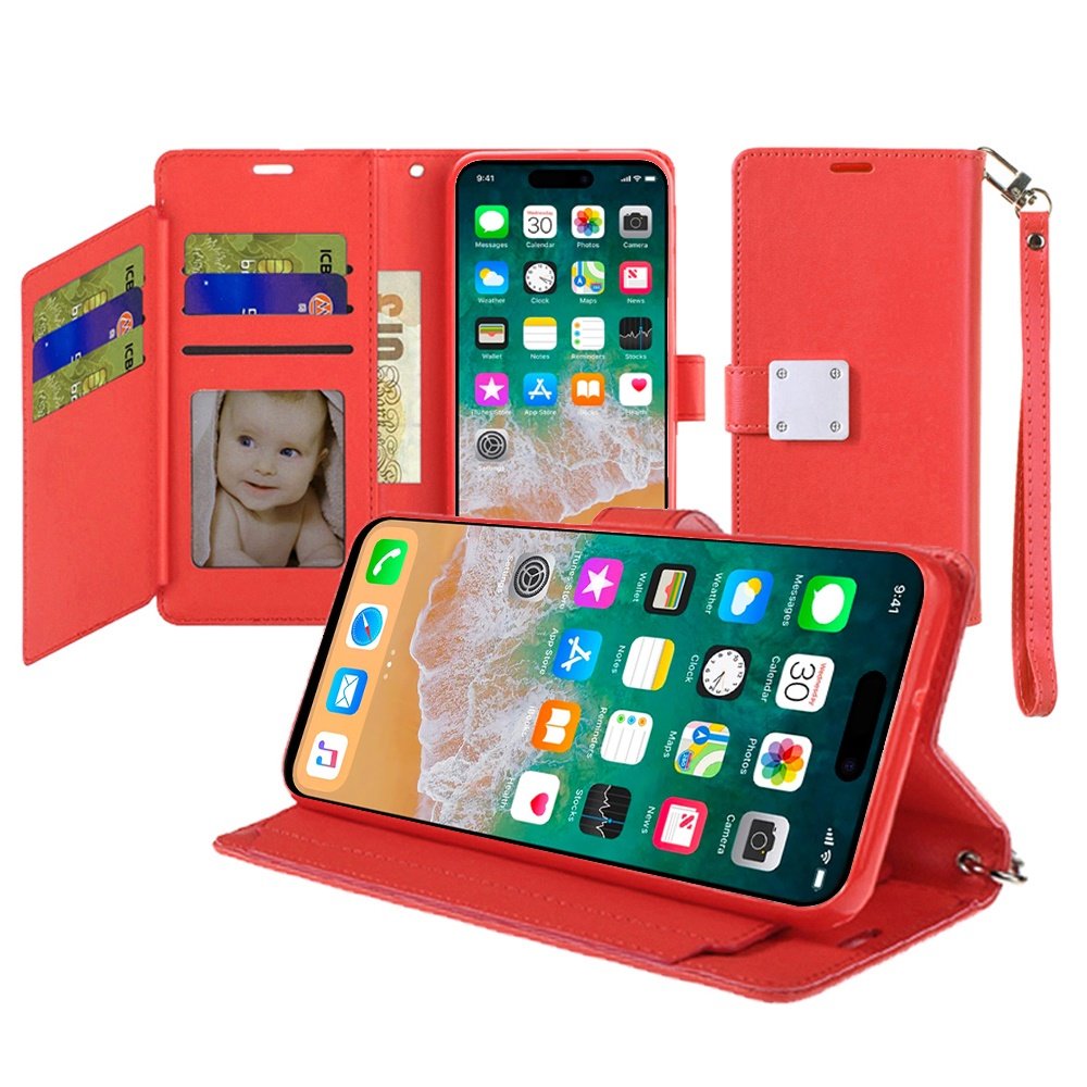 for iphone 16 plus 6.7 inch wallet id card holder case cover red
