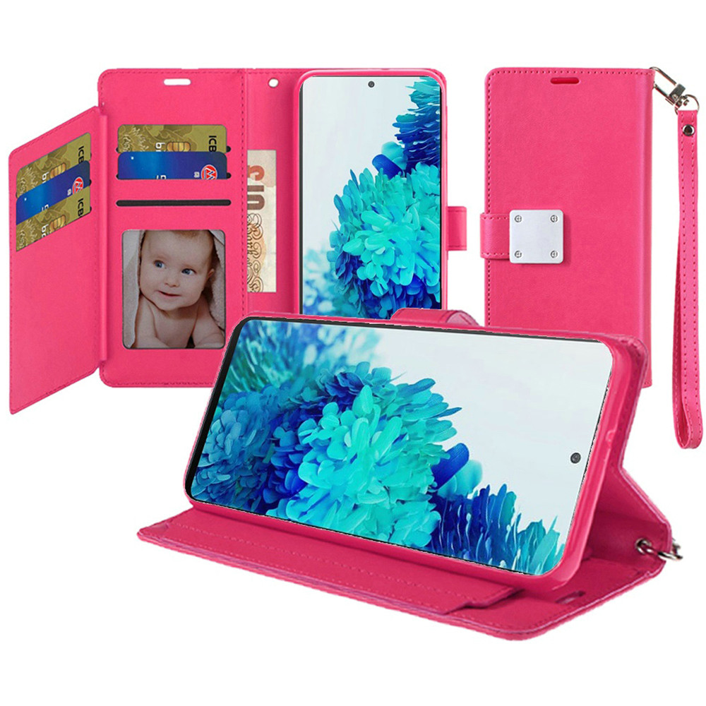 for apple iphone 14 pro max 6.7" wallet id card holder case cover hot pink