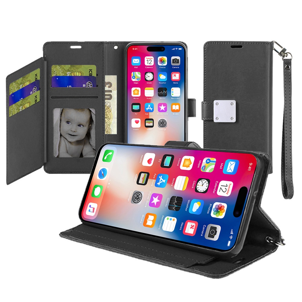 for iphone 16 6.1 inch wallet id card holder case cover black