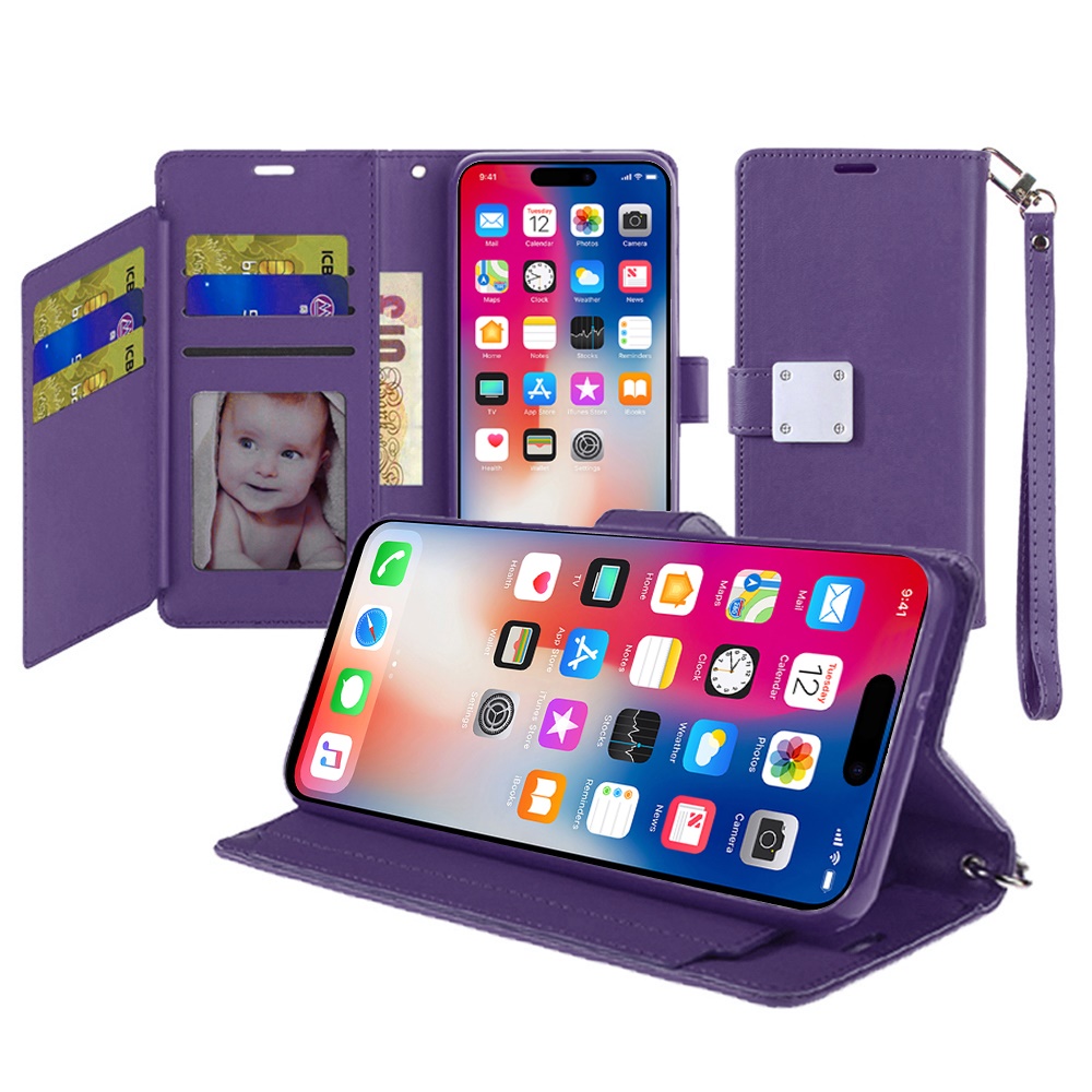 for iphone 16 6.1 inch wallet id card holder case cover dark purple