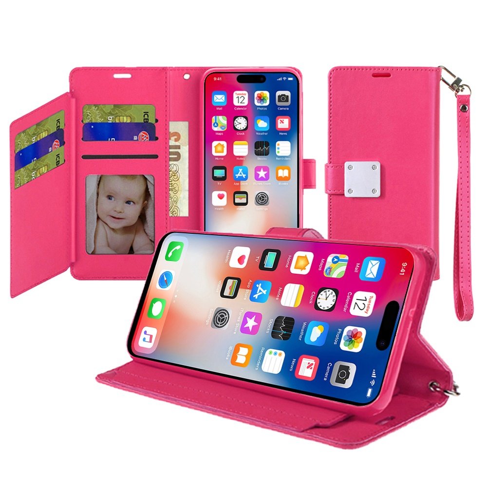 for iphone 16 6.1 inch wallet id card holder case cover hot pink