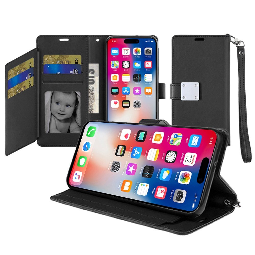 for iphone 16 pro 6.3 inch wallet id card holder case cover black