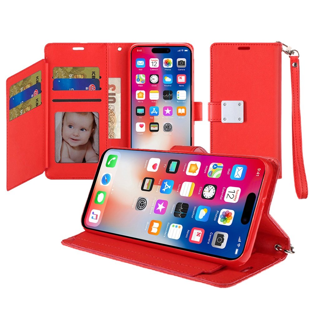 for iphone 16 pro 6.3 inch wallet id card holder case cover red