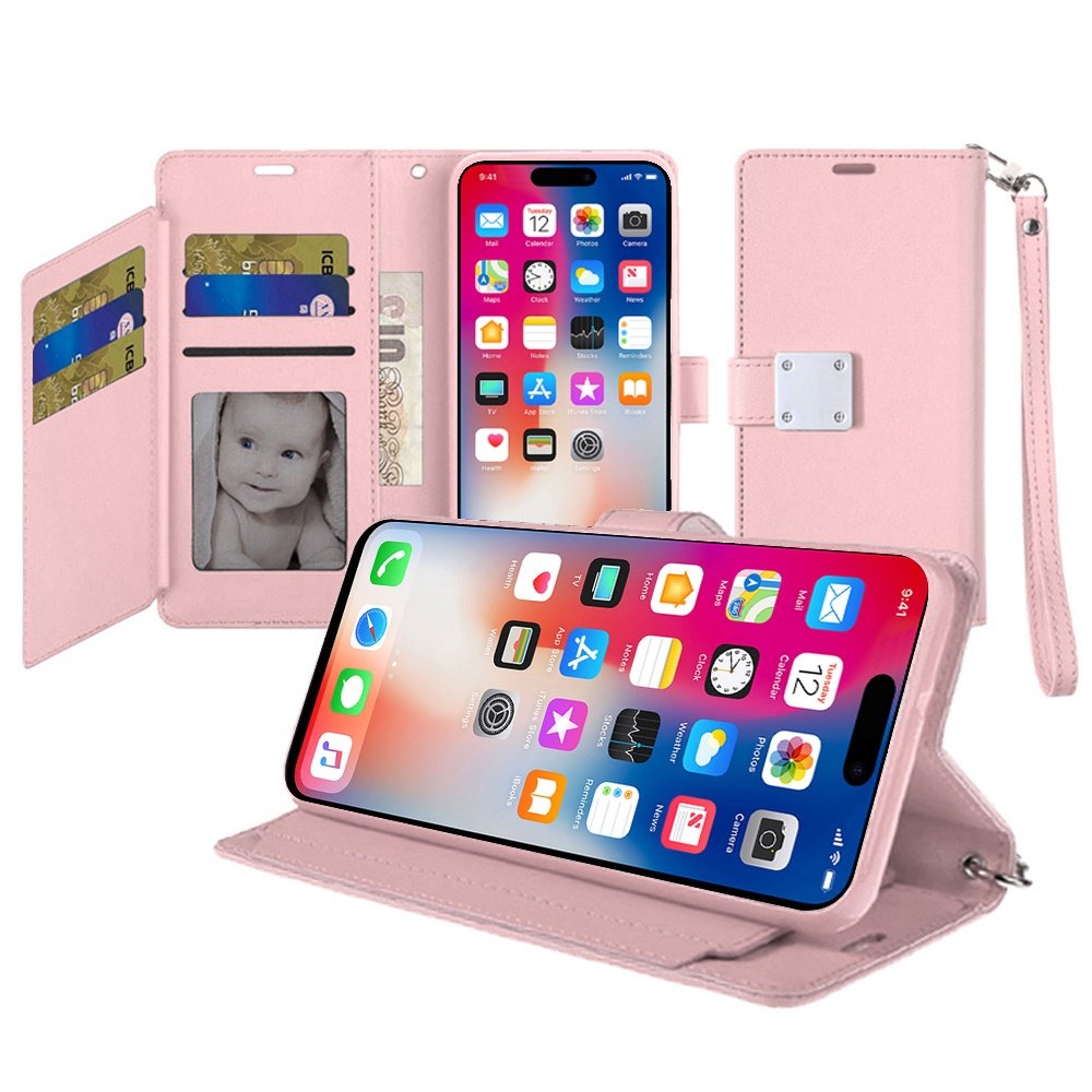 for iphone 16 pro 6.3 inch wallet id card holder case cover rose gold