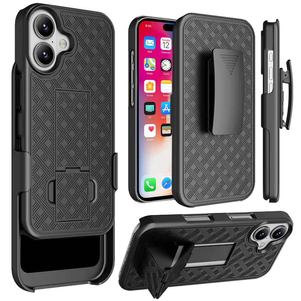 for iphone 16 6.1 inch weave premium 3in1 combo holster kickstand case cover black