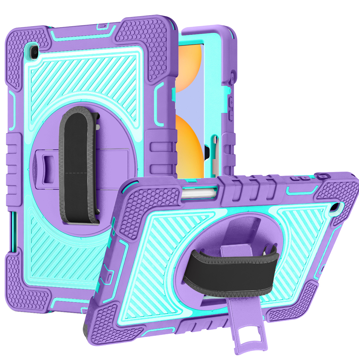 for samsung galaxy tab s9 / s9fe / s10fe 10.2 inch 3in1 multi functional tablet case for hand shoulder pencil & stand purple/teal