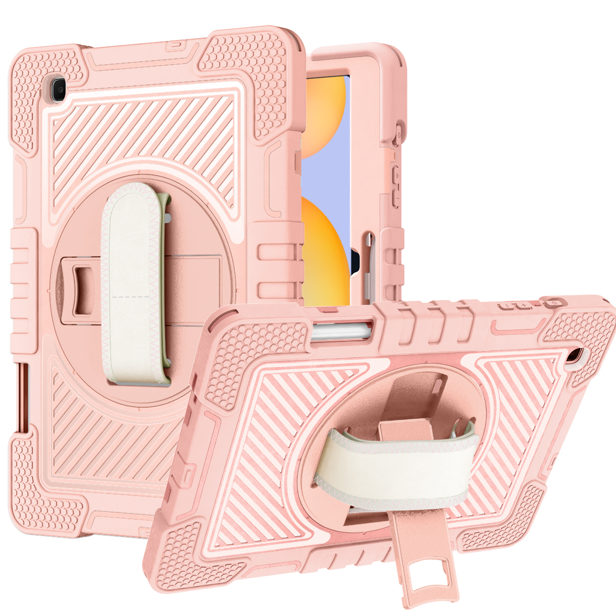 for samsung galaxy tab s9 / s9fe / s10fe 10.2 inch 3in1 multi functional tablet case for hand shoulder pencil & stand rose gold