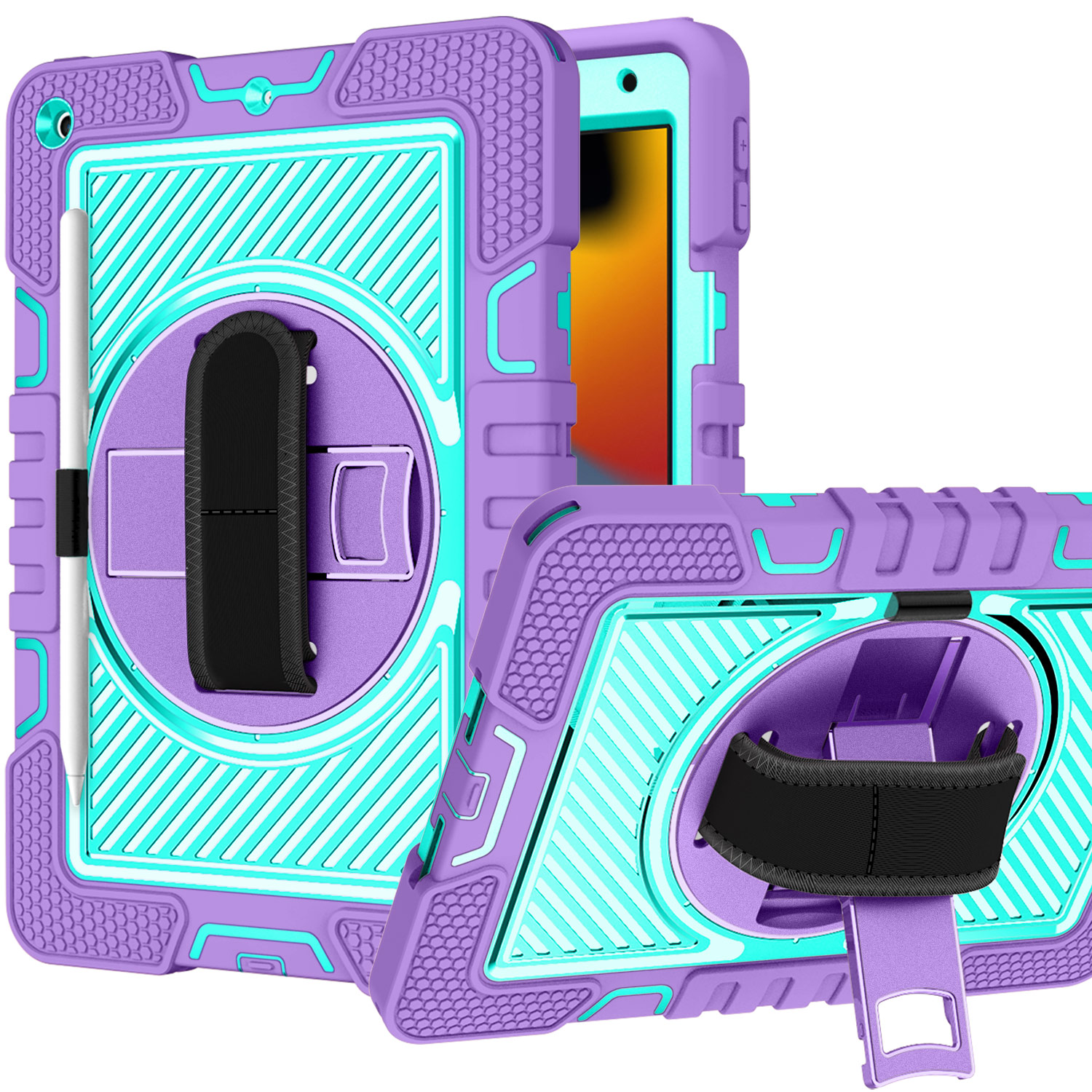 for apple ipad 9th gen 10.2 inch (2021) 3in1 multi functional tablet case for hand, shoulder, pencil & stand purple/teal