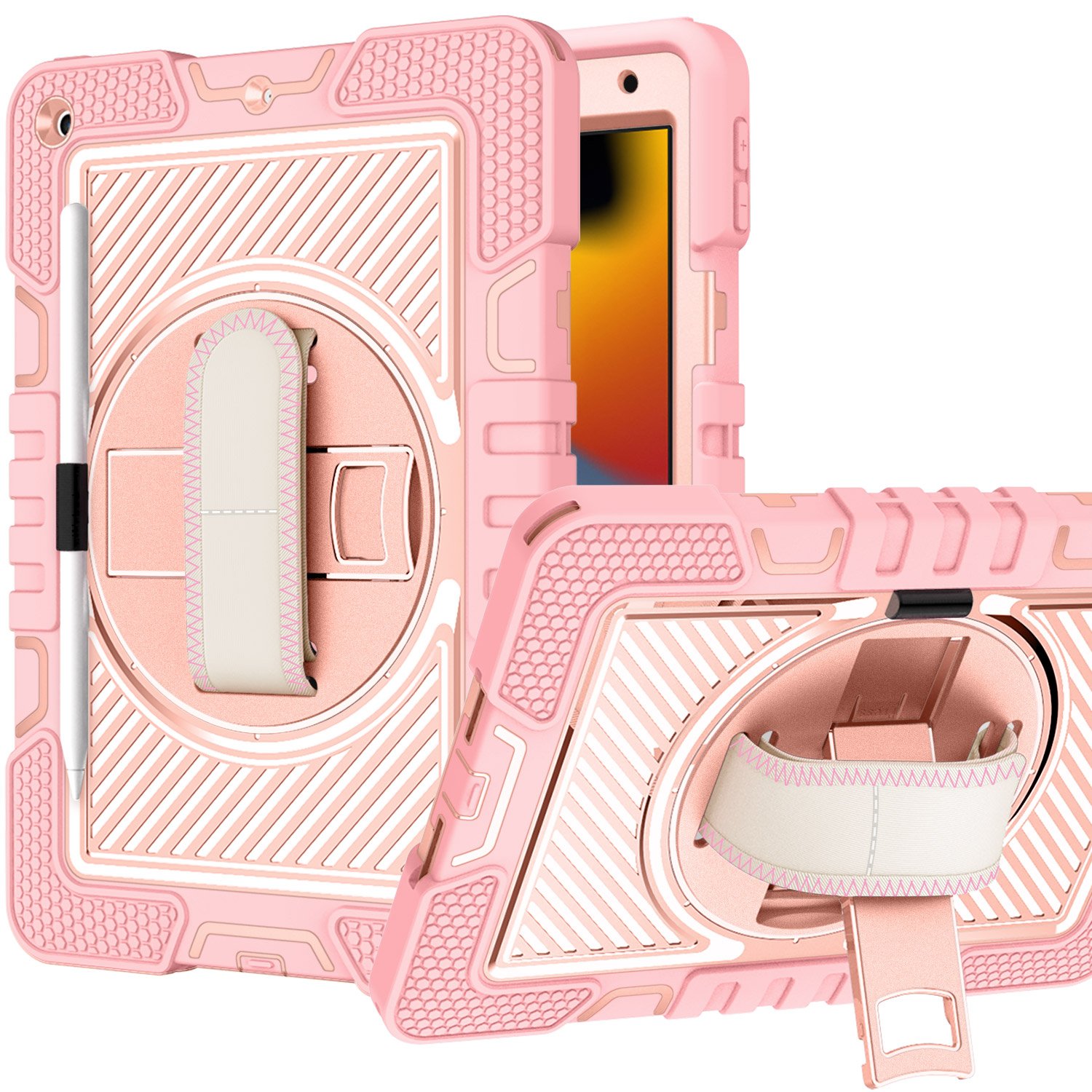 for apple ipad 9th gen 10.2 inch (2021) 3in1 multi functional tablet case for hand, shoulder, pencil & stand rose gold