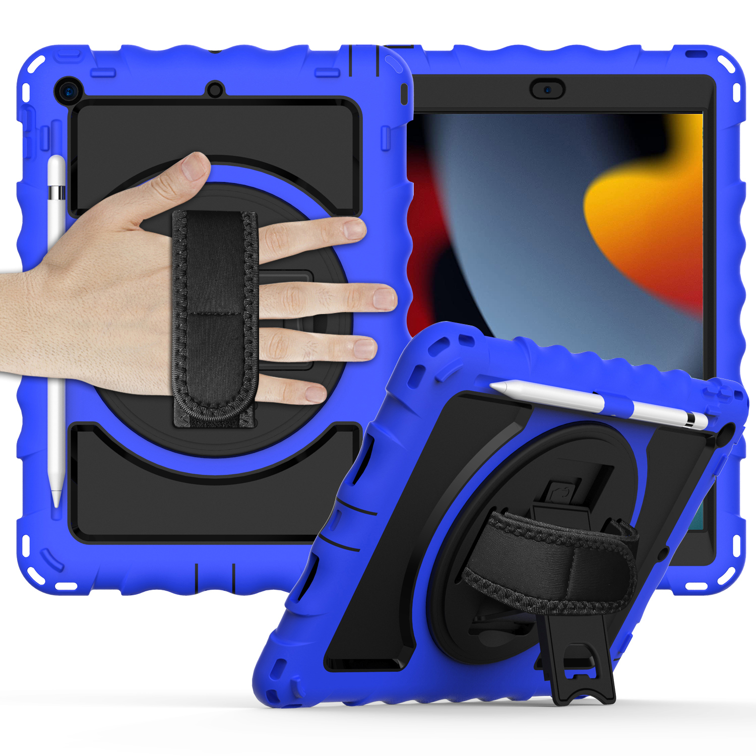 for apple ipad 9th 8th 7th gen 10.2 inch tablet complete 360 tough hybrid kickstand with shoulder hand strap dark blue