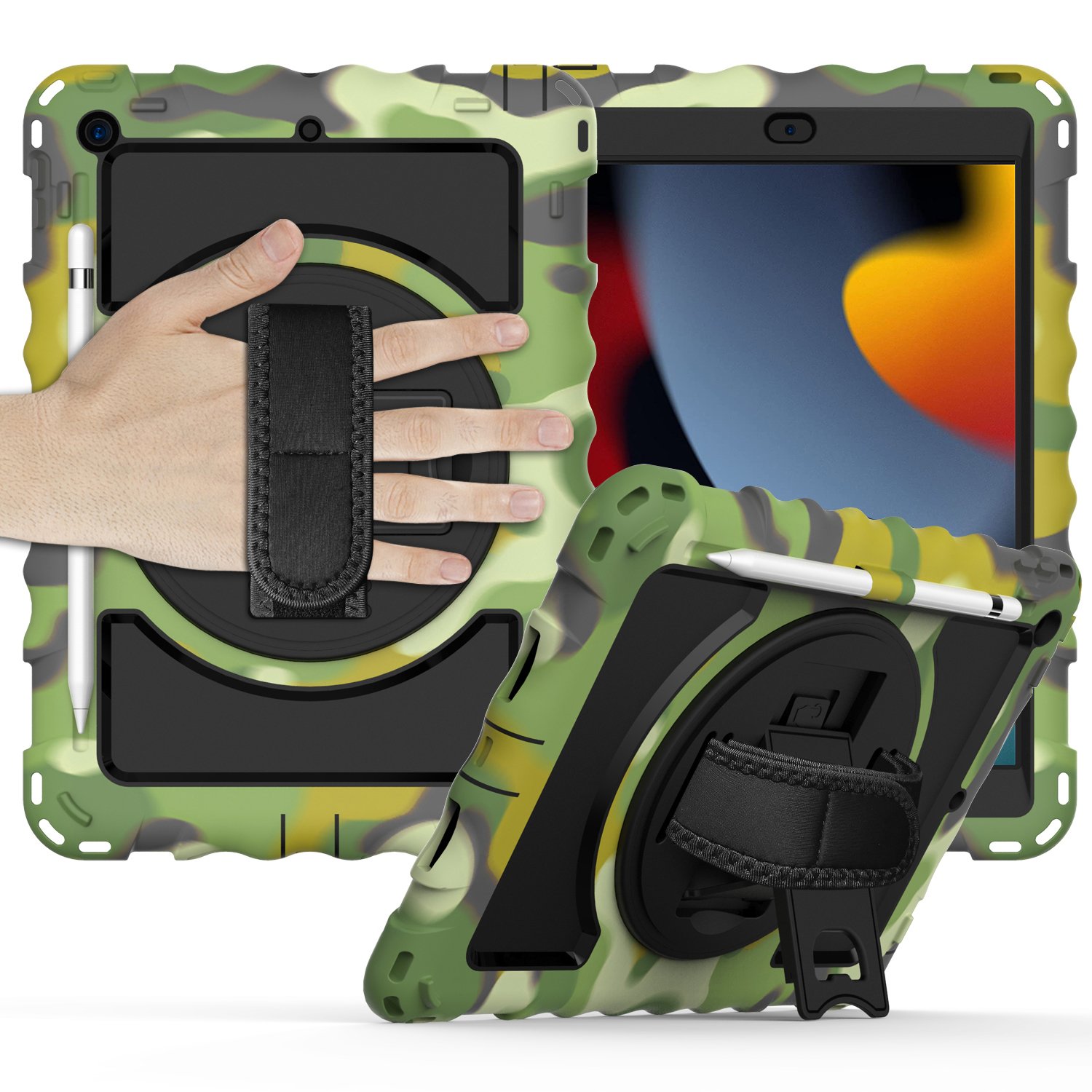 for apple ipad 9th 8th 7th gen 10.2 inch tablet complete 360 tough hybrid kickstand with shoulder hand strap camouflage