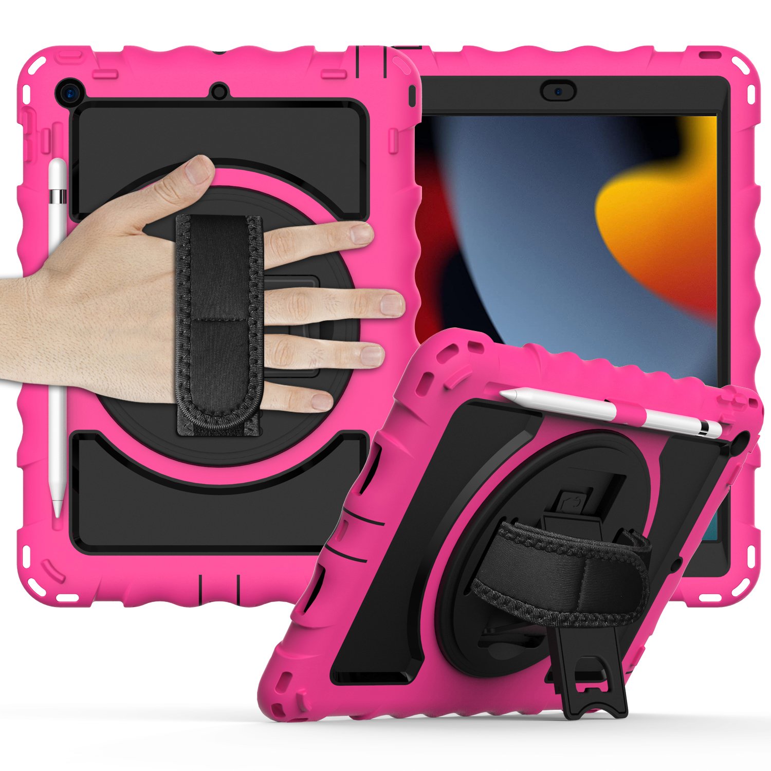 for apple ipad 9th 8th 7th gen 10.2 inch tablet complete 360 tough hybrid kickstand with shoulder hand strap hot pink