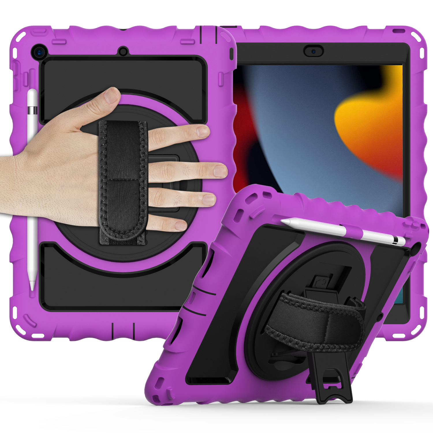 for apple ipad 9th 8th 7th gen 10.2 inch tablet complete 360 tough hybrid kickstand with shoulder hand strap purple