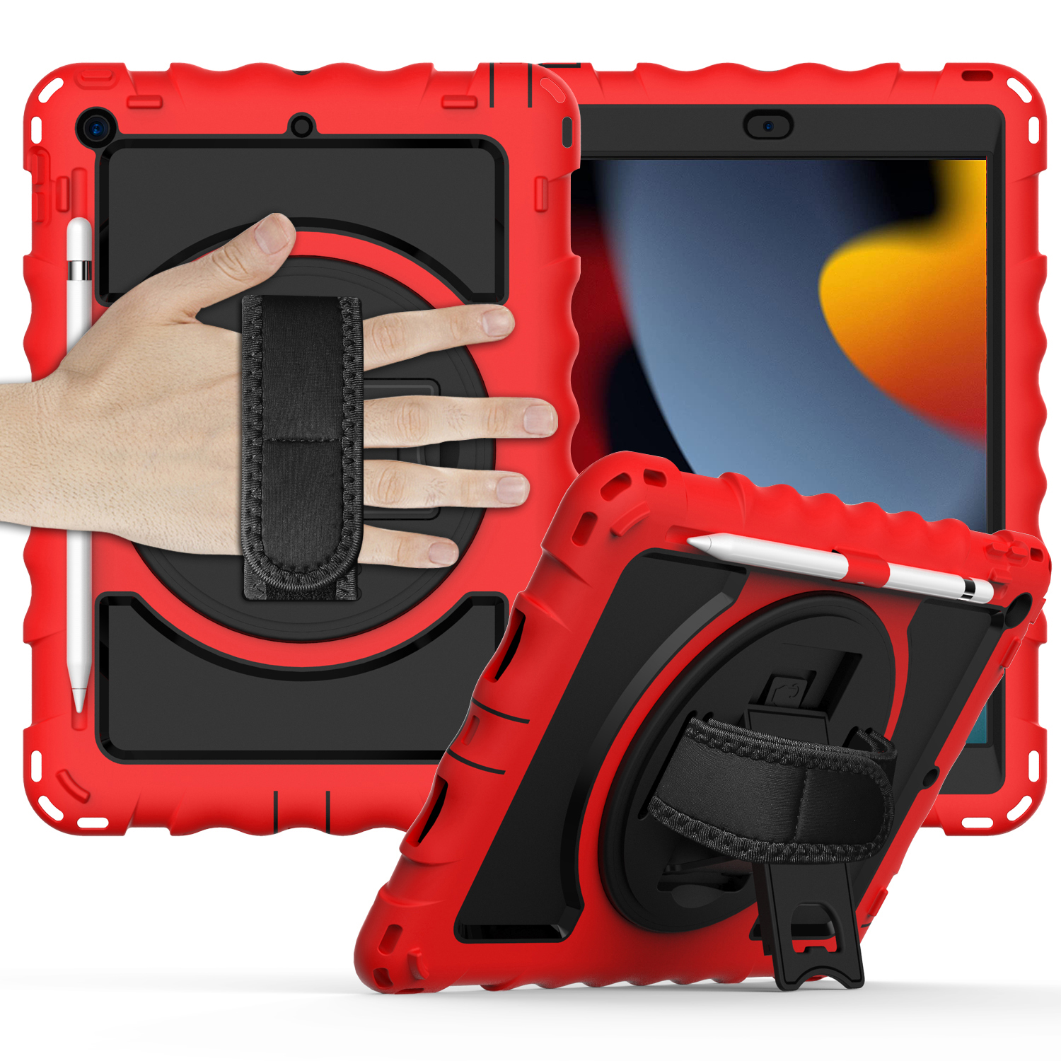 for apple ipad 9th 8th 7th gen 10.2 inch tablet complete 360 tough hybrid kickstand with shoulder hand strap red