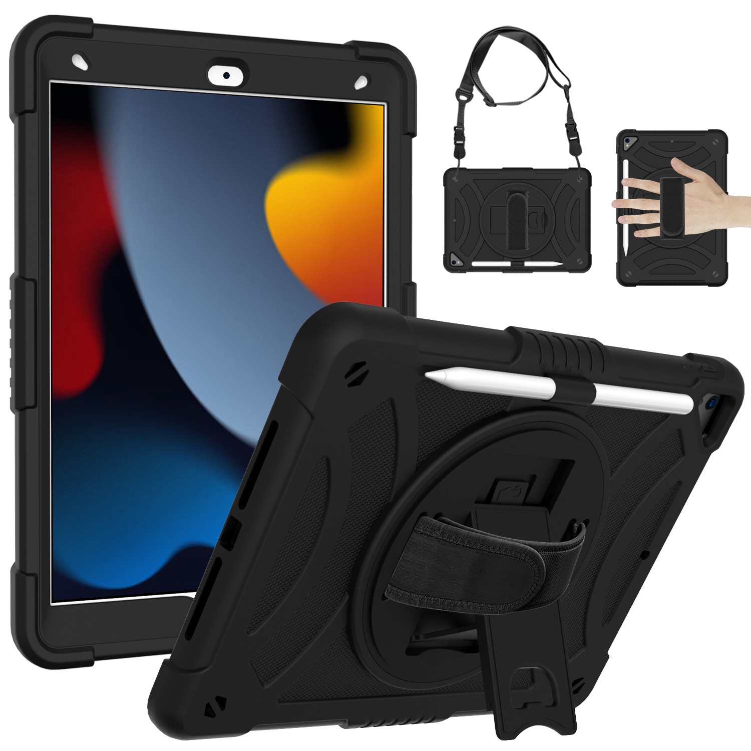 for apple ipad 9th 8th 7th gen 10.2 inch tablet hand and shoulder strap with kickstand 3in1 tough hybrid black