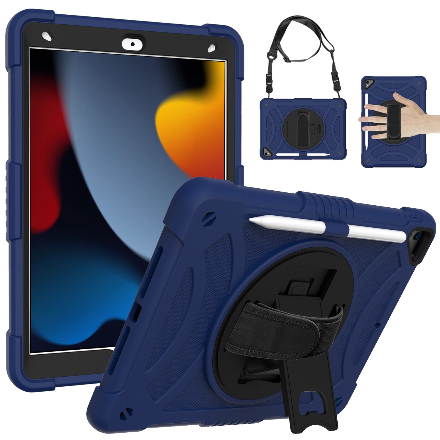 for apple ipad 9th 8th 7th gen 10.2 inch tablet hand and shoulder strap with kickstand 3in1 tough hybrid dark blue