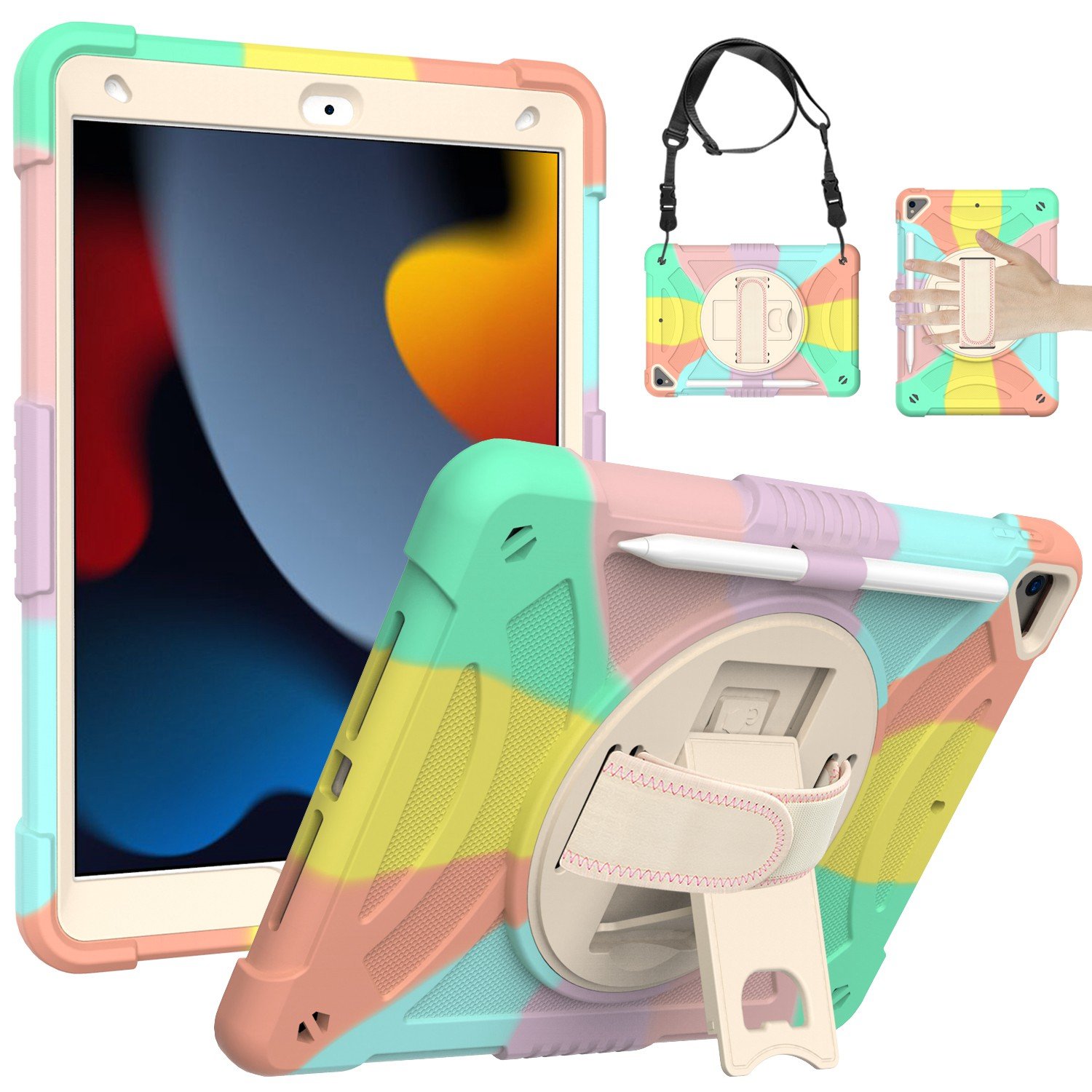 for apple ipad 9th 8th 7th gen 10.2 inch tablet hand and shoulder strap with kickstand 3in1 tough hybrid colorful