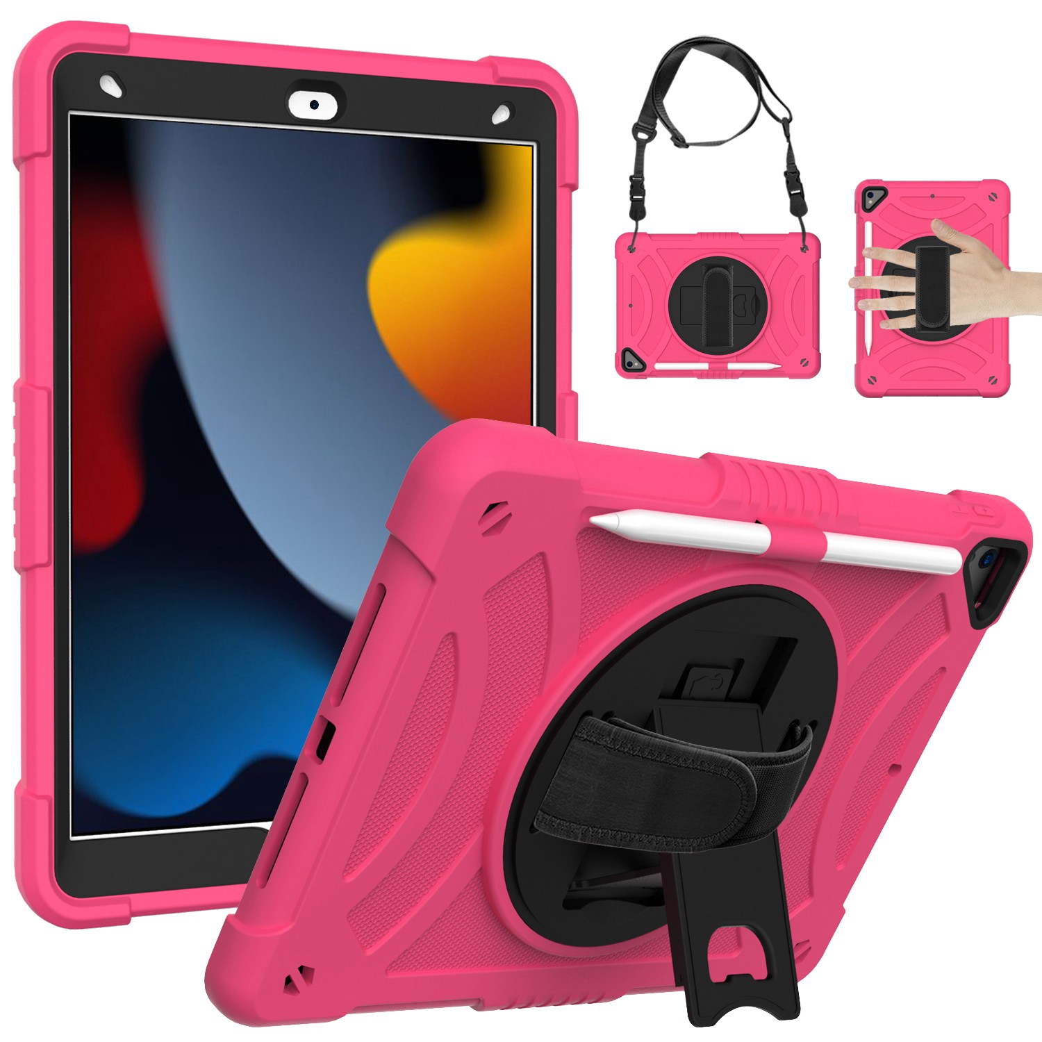 for apple ipad 9th 8th 7th gen 10.2 inch tablet hand and shoulder strap with kickstand 3in1 tough hybrid hot pink