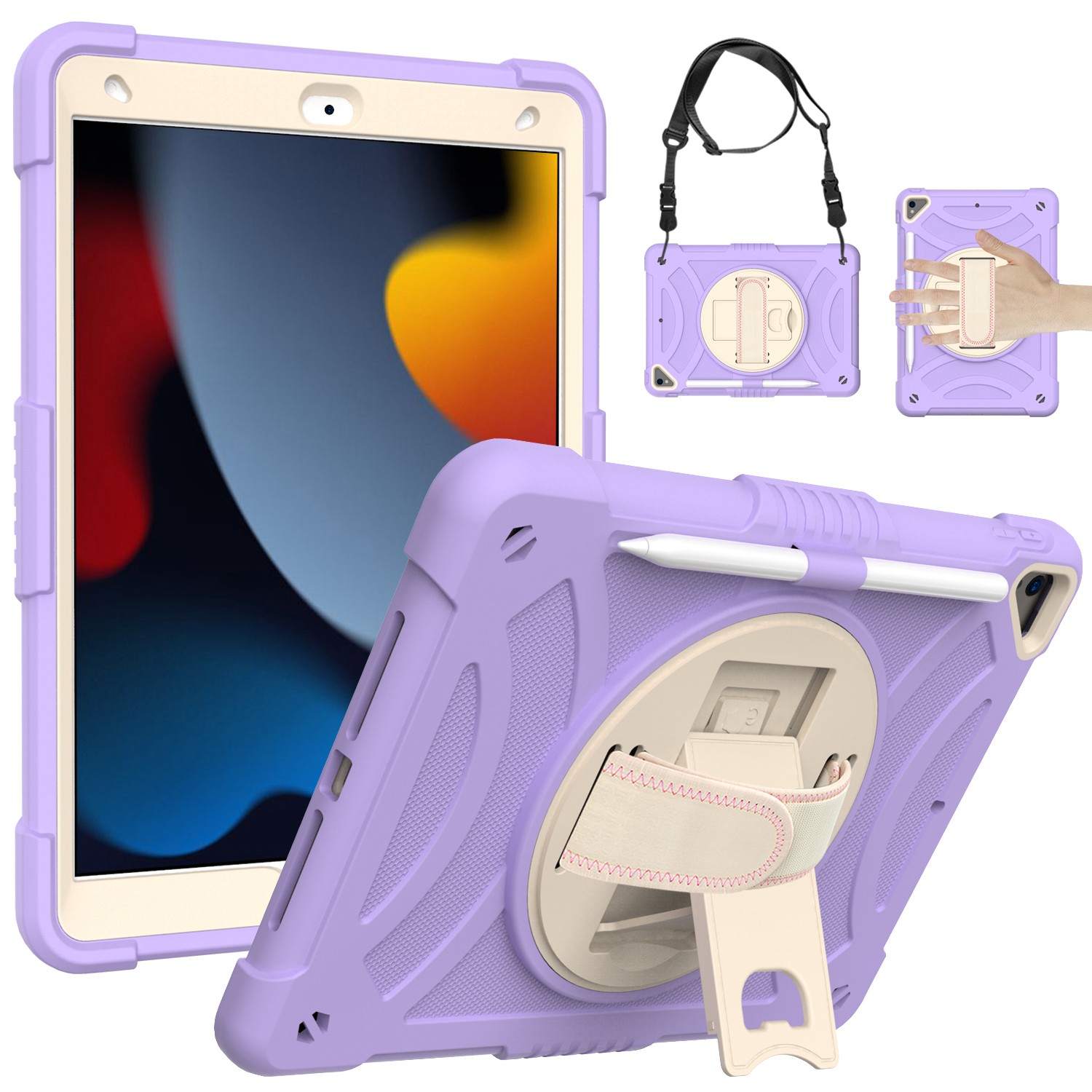 for apple ipad 9th 8th 7th gen 10.2 inch tablet hand and shoulder strap with kickstand 3in1 tough hybrid light purple