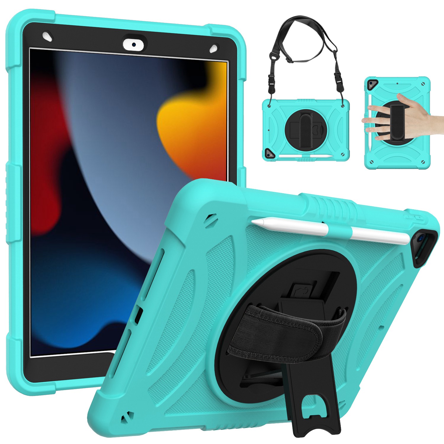 for apple ipad 9th 8th 7th gen 10.2 inch tablet hand and shoulder strap with kickstand 3in1 tough hybrid teal