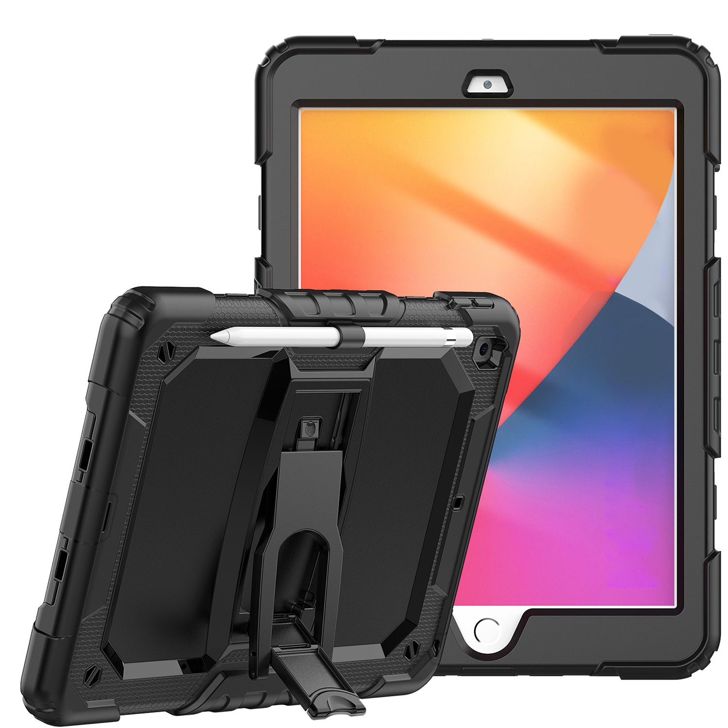 for apple ipad 9th gen 10.2 inch (2021) heavy duty full body rugged tablet kickstand case cover black/black