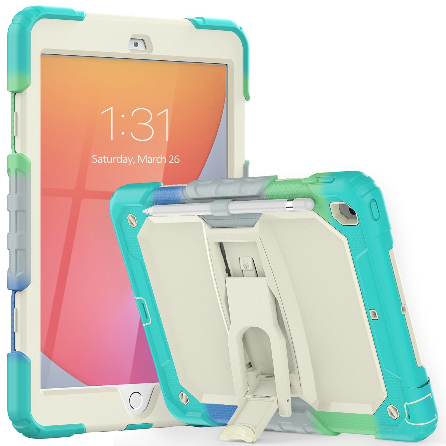 for apple ipad 9th gen 10.2 inch (2021) heavy duty full body rugged tablet kickstand case cover beige/camo mint