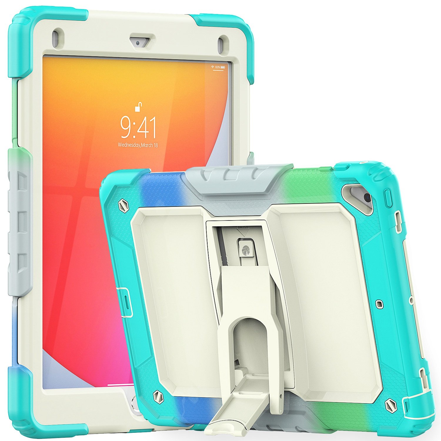 for apple new ipad 9.7 inch heavy duty full body rugged tablet kickstand case cover beige/camo mint