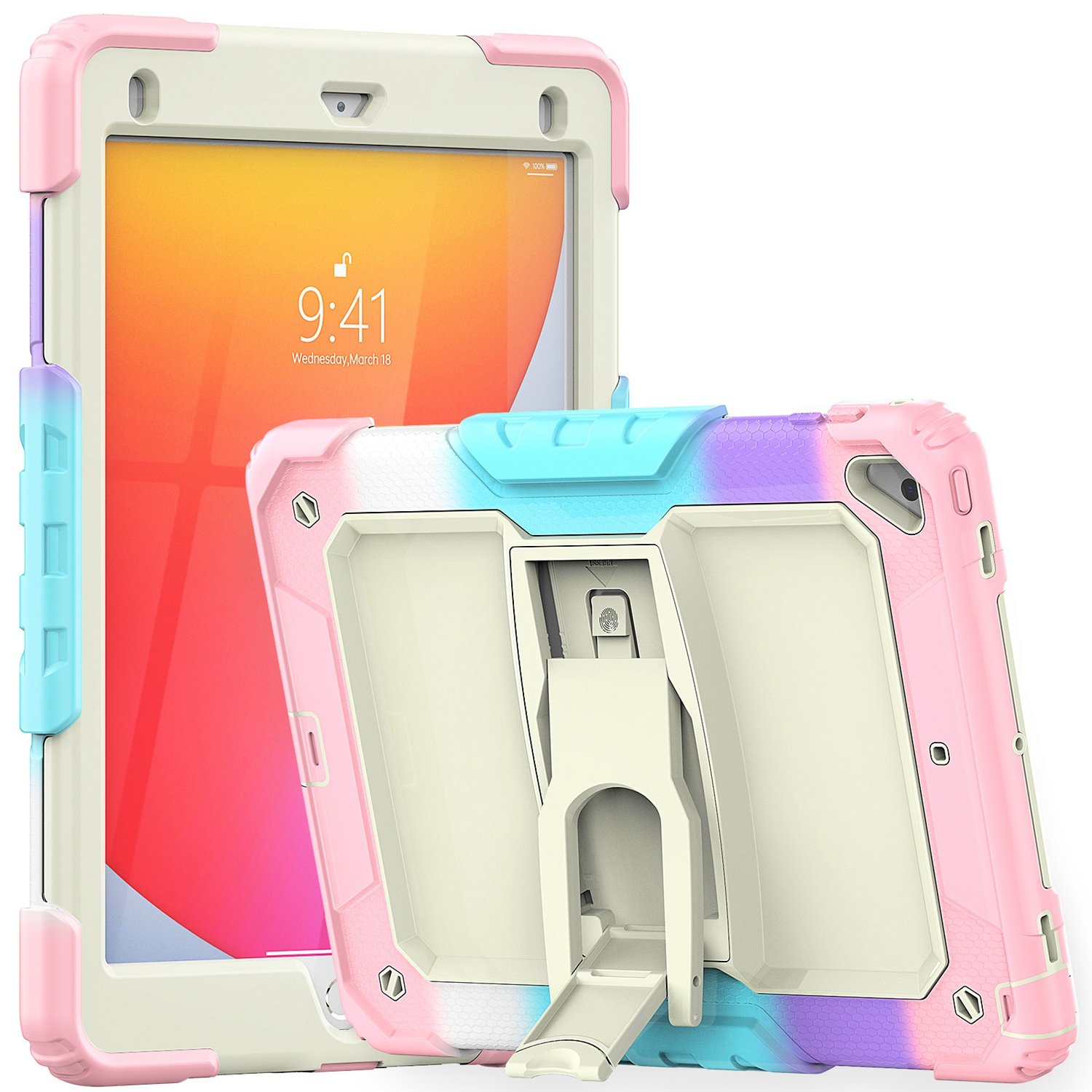 for apple new ipad 9.7 inch heavy duty full body rugged tablet kickstand case cover beige/camo pink