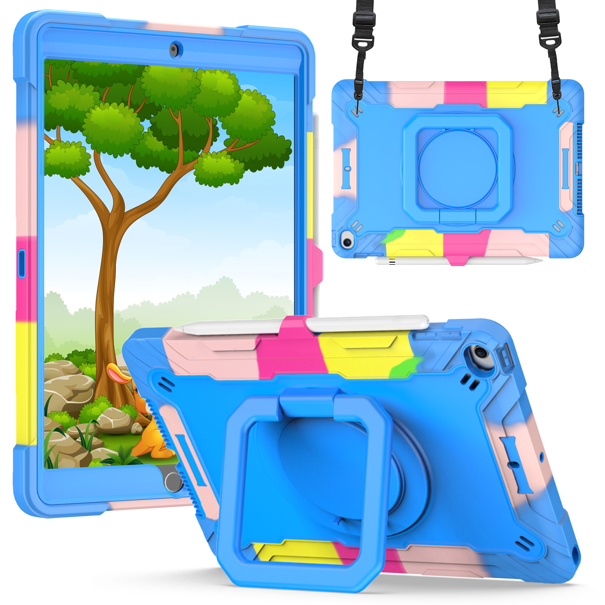for apple ipad (a16) 2025 / ipad 10th gen 10.9 inch tablet tough hybrid rotating 360 degree kickstand rainbow/blue