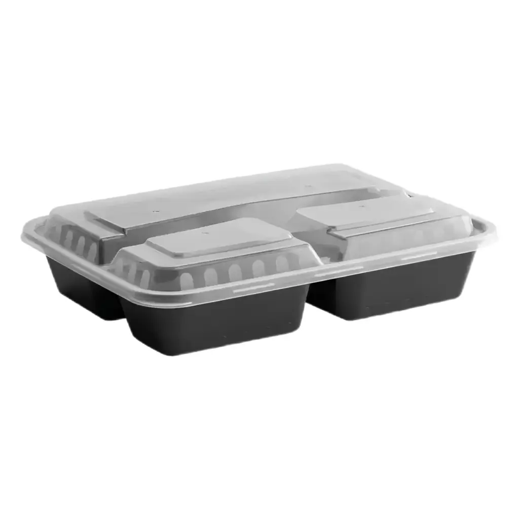 32 Oz 3-Compartment Black PP Plastic Rectangular Containers with Clear Lid.     150/case