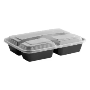 32 Oz 3-Compartment Black PP Plastic Rectangular Containers with Clear Lid. 150/case
