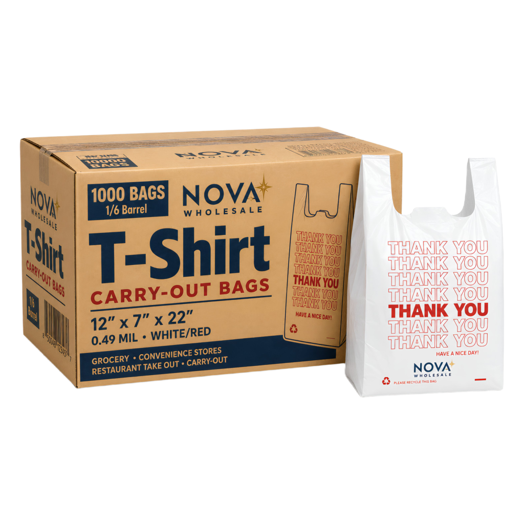 1000 Count "Thank You" Plastic T-Shirt Bags – 12x7x22 1/6 Barrel Shopping Bags with Handles, 0.49 Mil White/Red