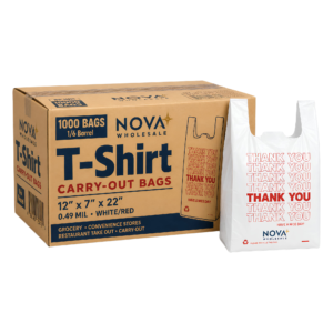 1000 Count "Thank You" Plastic T-Shirt Bags – 12x7x22 1/6 Barrel Shopping Bags with Handles, 0.49 Mil White/Red
