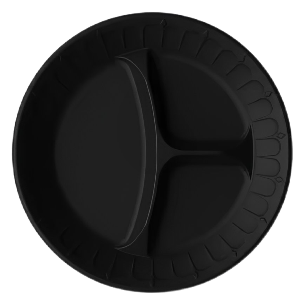 Foam Pak 8" Black Disposable Foam Plate 3 Compartment. 500/case