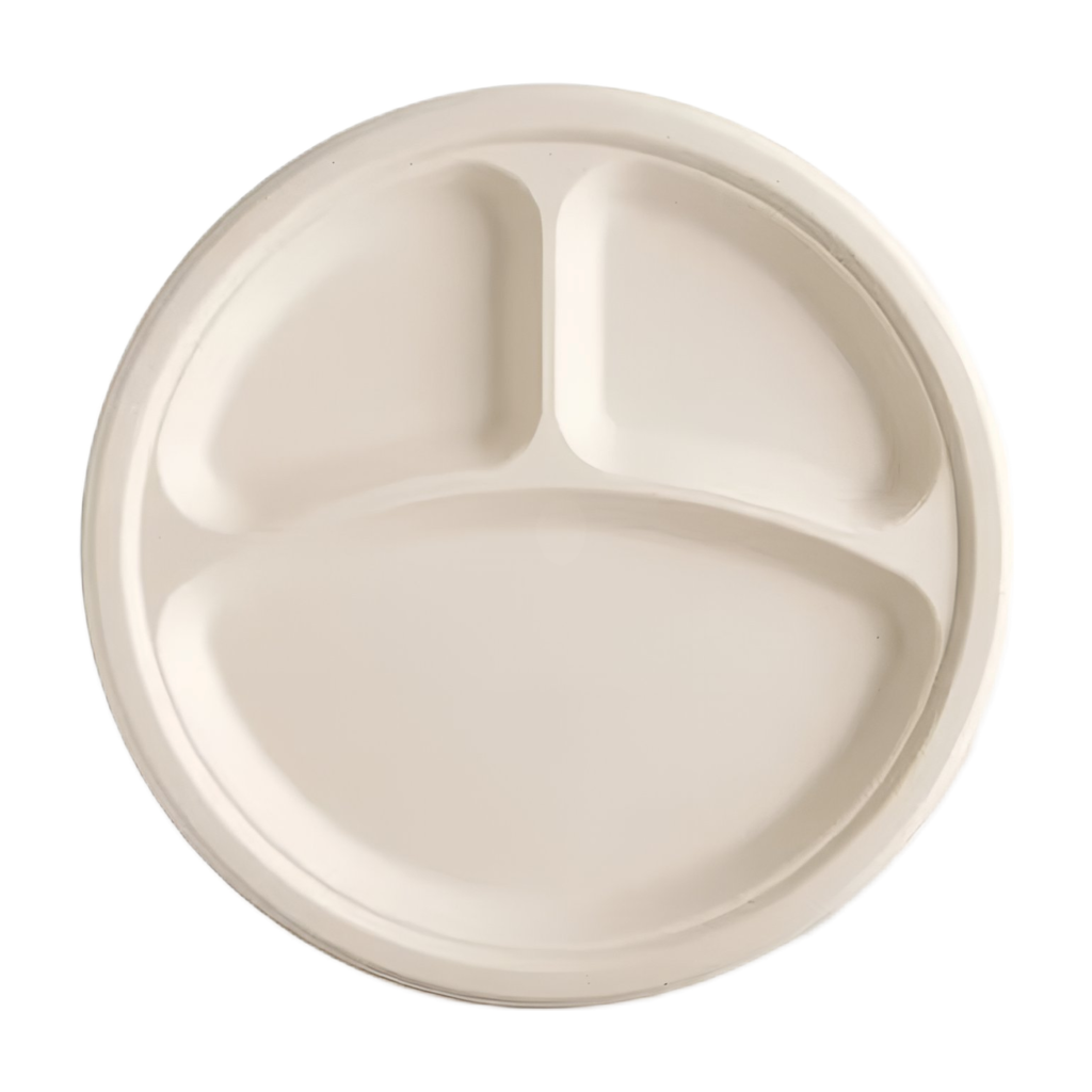 10" 3 Compartment Compostable Sugarcane Bagasse Plate. 500/case