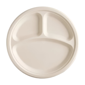 10" 3 Compartment Compostable Sugarcane Bagasse Plate. 500/case