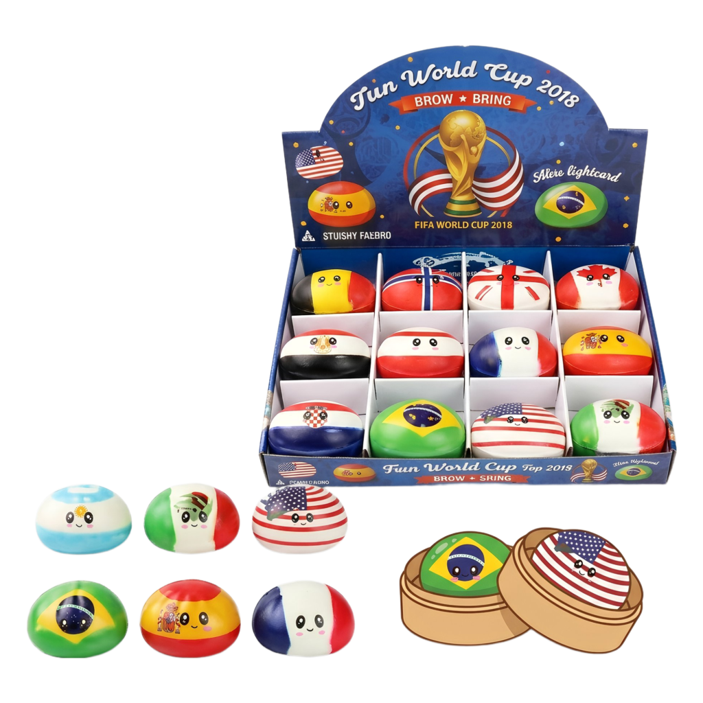 A display box labeled Patterned Steamed Bun Dough Shaping Squishy contains squishy toys shaped like steamed buns, each with unique patterns and cartoon faces. Additional squishies are displayed in front of the box.