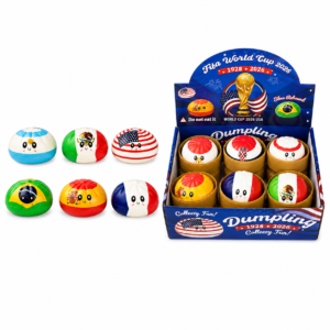 A World Cup Squeeze Buns Steamer Packaging display box featuring squishy dumpling toys with cute faces and country flags like Brazil, USA, and Germany. Box reads: Fifa World Cup 1928-2026, Dumpling, Collectory Fun!.