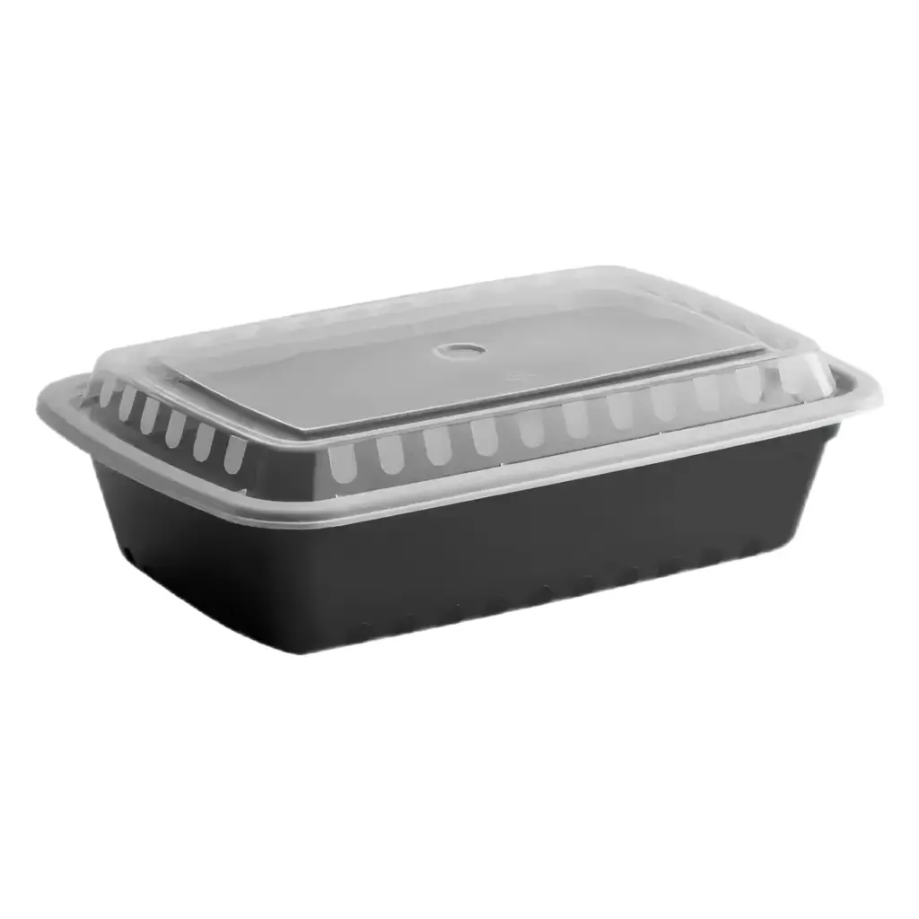 39 Oz 3-Compartment Black PP Plastic Rectangular Containers with Clear Lid.  150/case