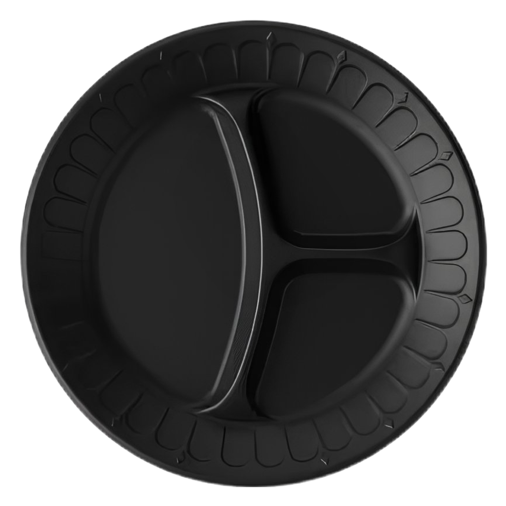 Foam Pak 9" Black Disposable Foam Plate 3 Compartment. 500/case