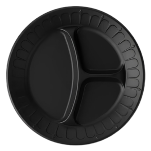 Foam Pak 9" Black Disposable Foam Plate 3 Compartment. 500/case