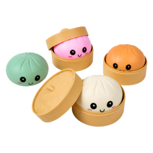 The Baozi Squishy with Steamer Display Box features four colorful, round dumpling squishies with adorable smiling faces—green, pink and orange in open steamers, and a white one next to a steamer lid.